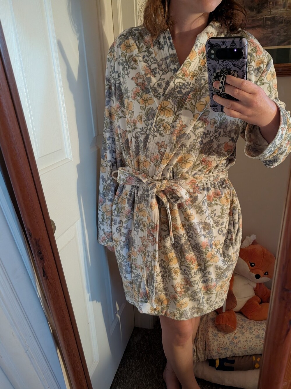 Floral Cream Short Robe with Tie Belt - Women's Intimates